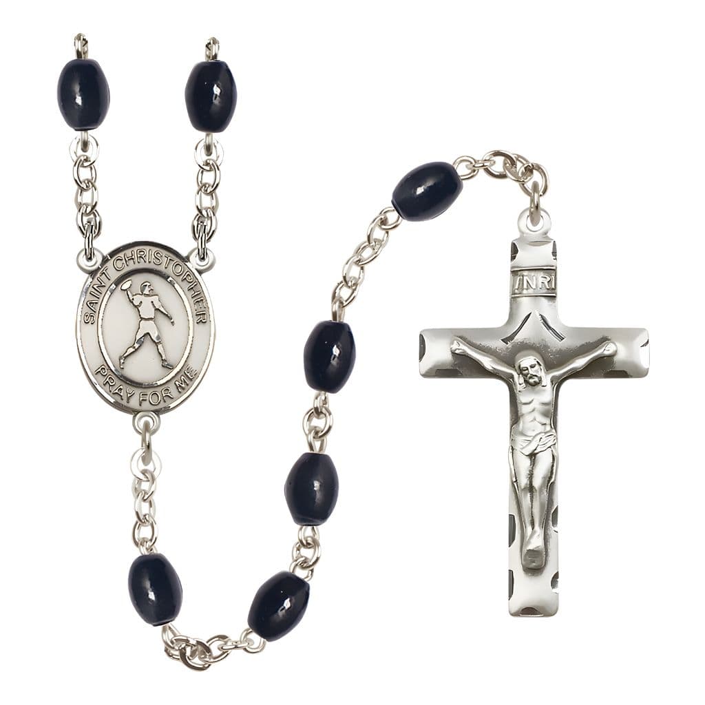 Bliss Football St. Christopher 8x6mm Black Onyx Catholic Rosary with Pewter Centerpiece and Crucifix