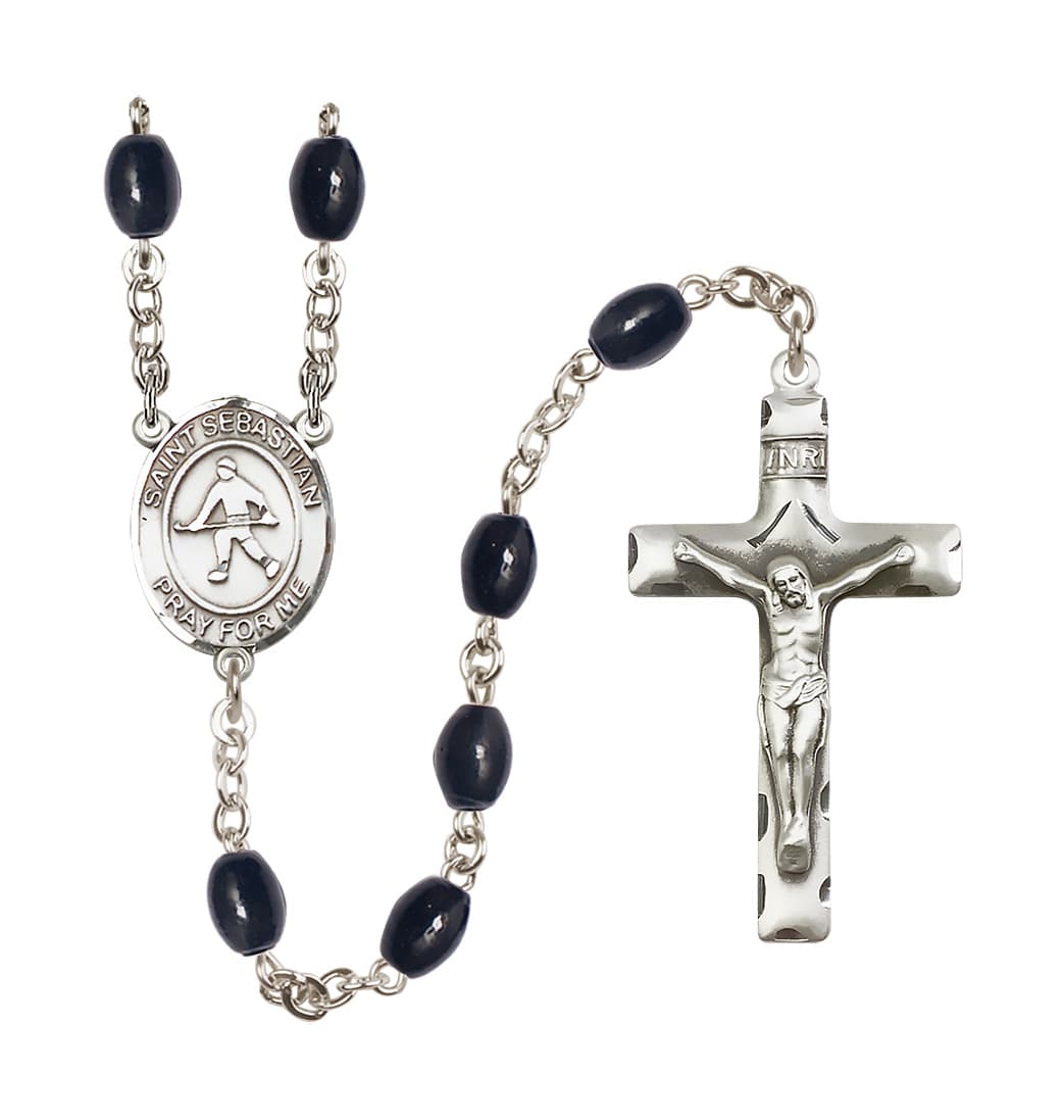 Bliss St Sebastian Field Hockey 8x6mm Black Bead Rosary,