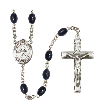 St Sebastian Field Hockey 8x6mm Black Bead Rosary, Bliss Manufacturing