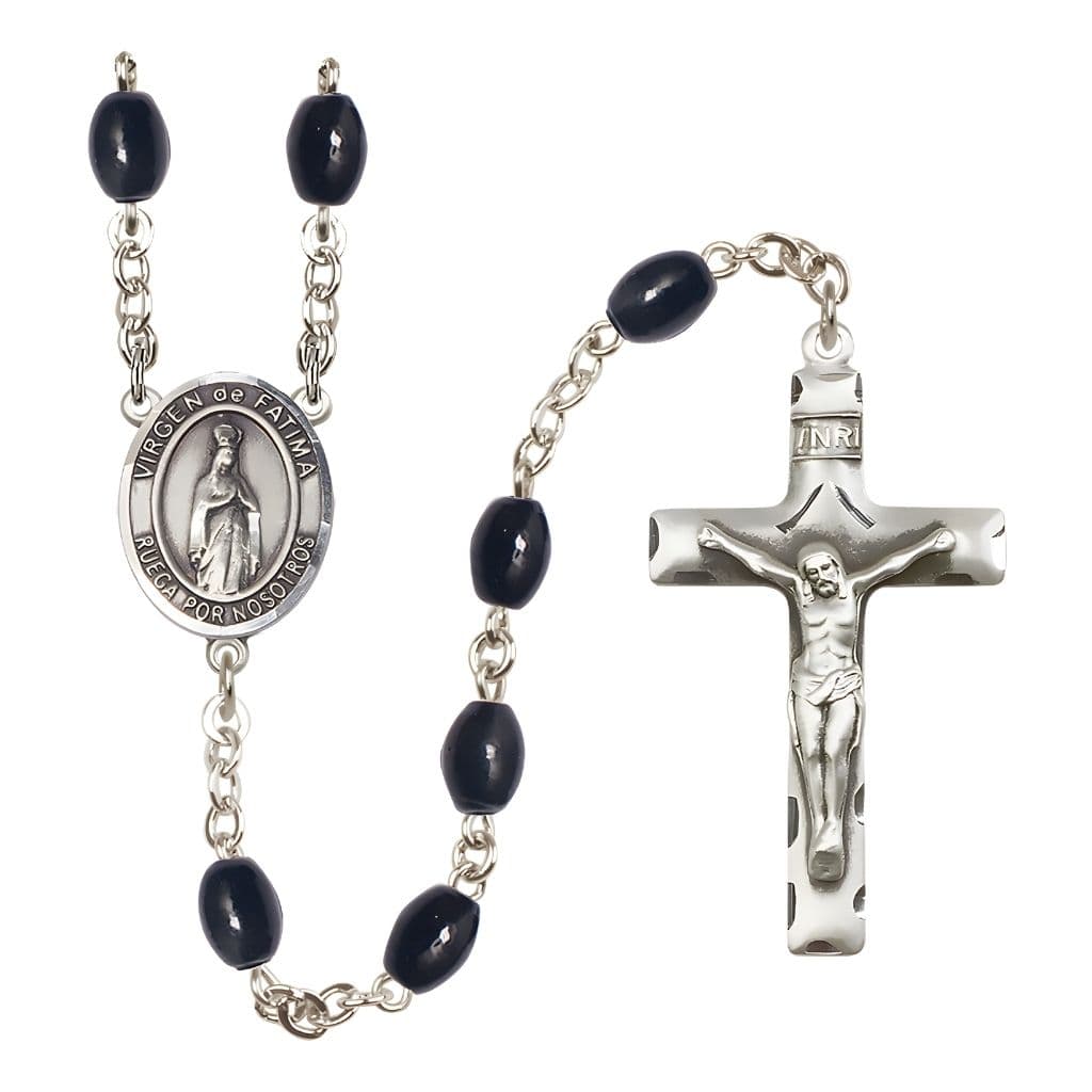 Bliss Spanish Virgen de Fatima 8x6mm Black Onyx Bead Rosary with Pewter Centerpiece and Crucifix, Gift Box.