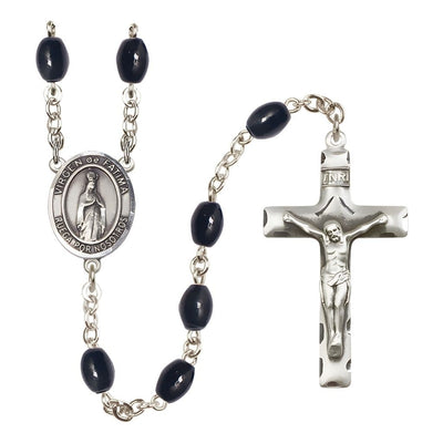 Spanish Virgen de Fatima 8x6mm Black Onyx Bead Rosary with Pewter Centerpiece and Crucifix, Gift Box, Bliss Manufacturing