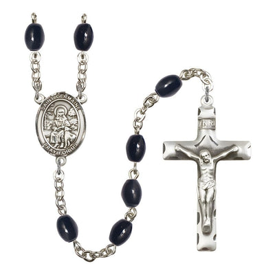 St. Germaine Cousin 8x6mm Black Onyx Bead Rosary with Pewter Centerpiece and Crucifix, Gift Box.