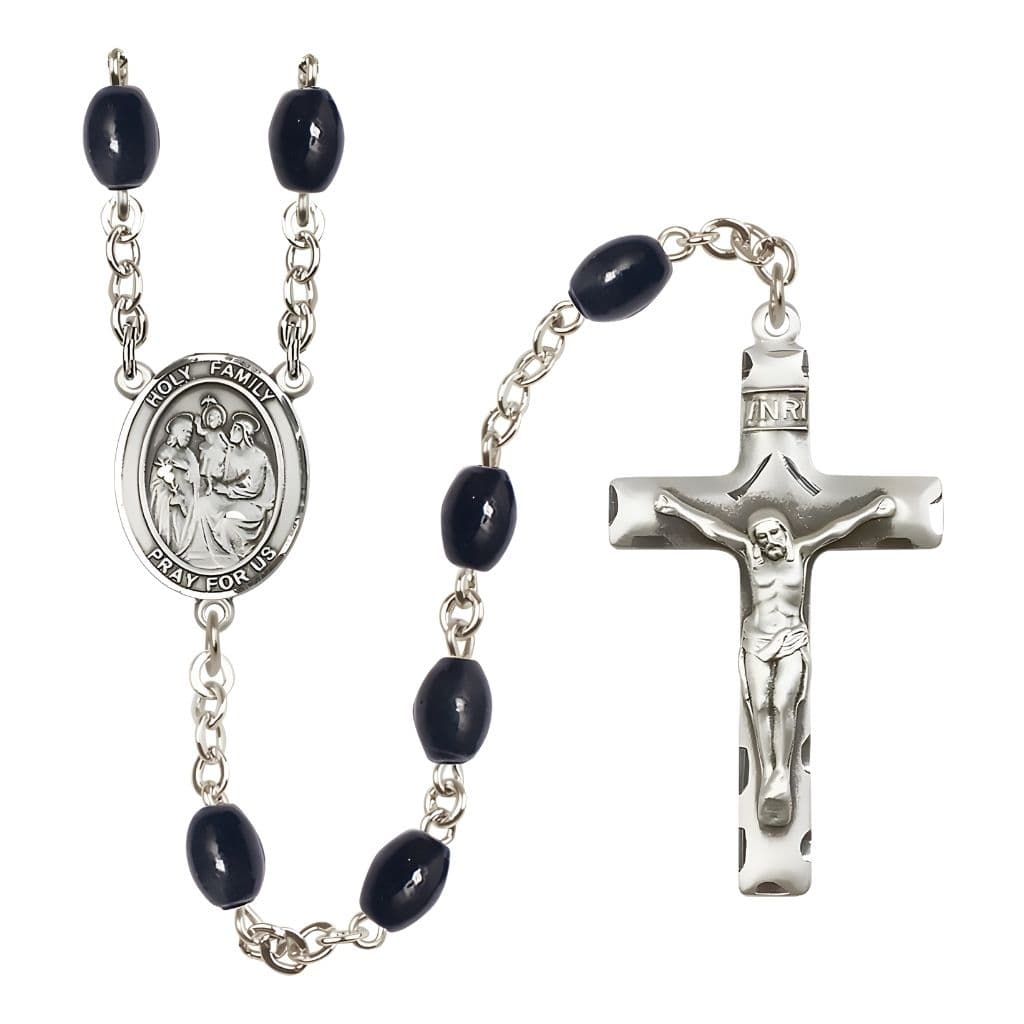 Bliss Holy Family 8x6mm Black Onyx Bead Silver-Plated Catholic Rosary with Pewter Centerpiece and Crucifix