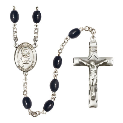St. Lillian 8x6mm Black Onyx Silver-plated Rosary with Pewter Centerpiece and Crucifix, Bliss Manufacturing