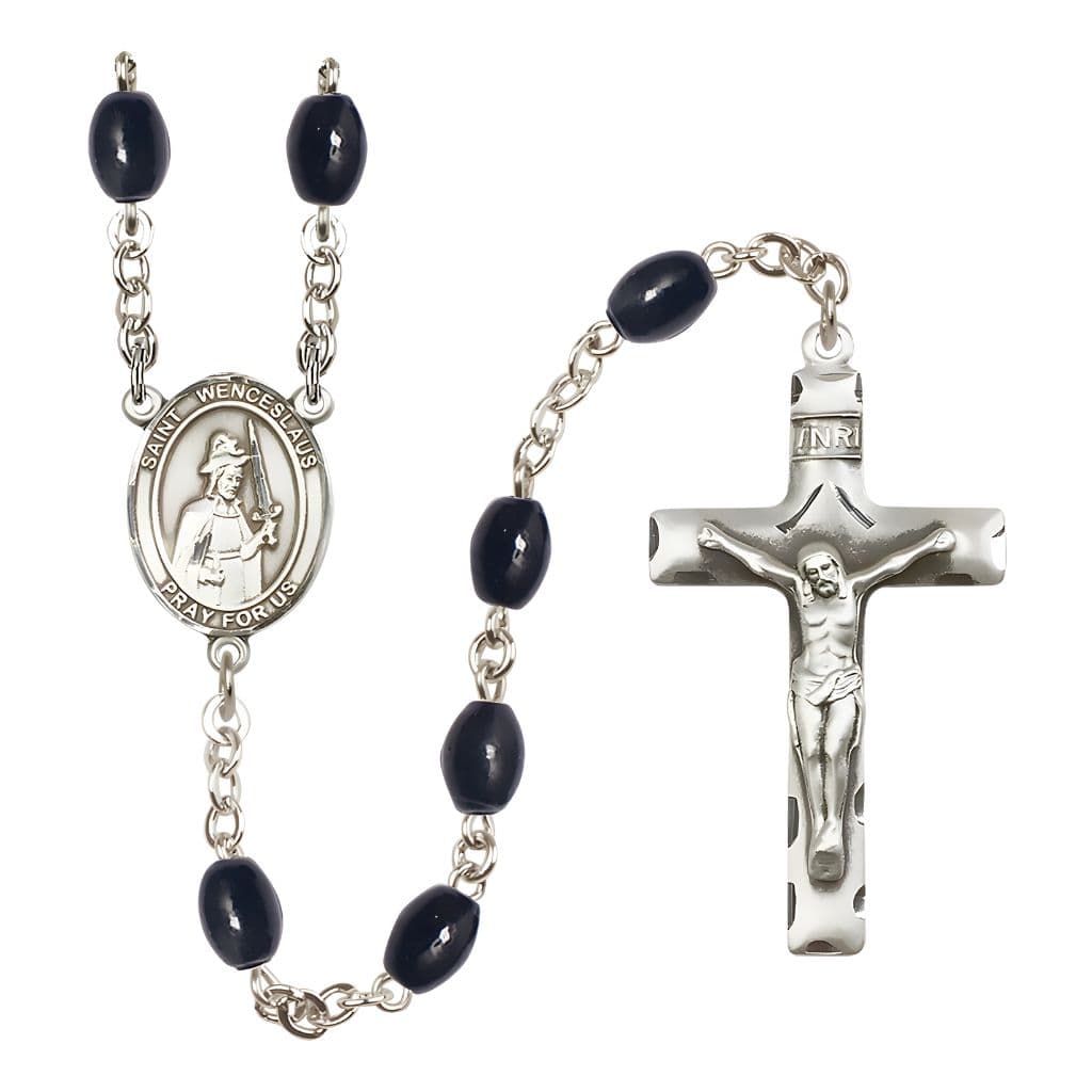Bliss St. Wenceslaus 8x6mm Black Onyx Bead Silver-plated Rosary with Pewter Centerpiece and Crucifix