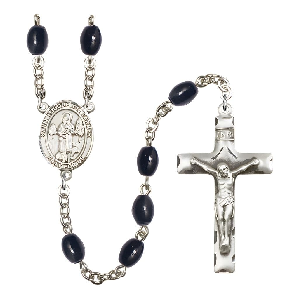 Bliss St. Isidore the Farmer 8x6mm Black Onyx Bead Rosary with Pewter Centerpiece and Crucifix, Gift Box.