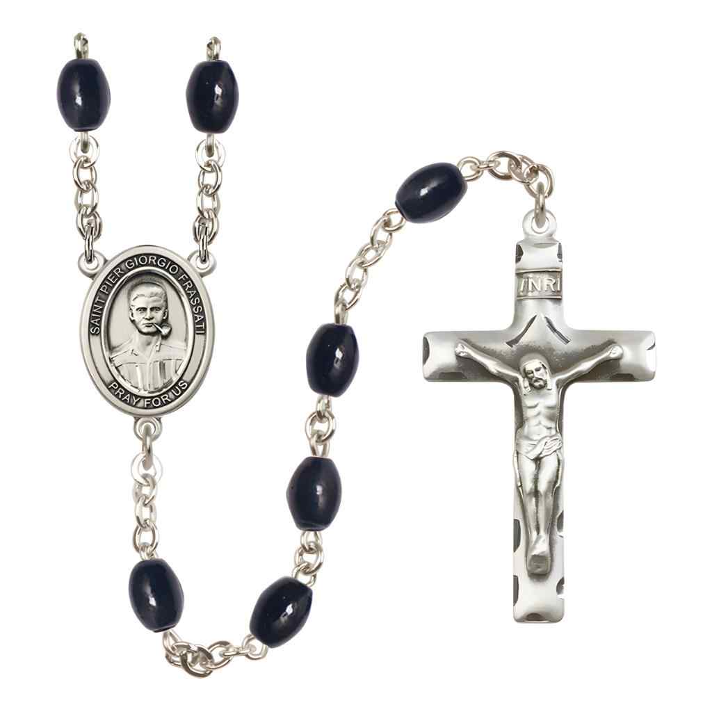 Saint Pier Giorgio Frassati 8x6mm Black Onyx Bead Rosary with Pewter Centerpiece and Crucifix in Gift Box, Made in USA by Bliss Manufacturing