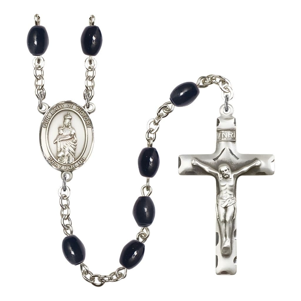 Bliss Catholic Our Lady of Victory 8x6mm Black Onyx Bead Silver-plated Rosary with Pewter Centerpiece and Crucifix