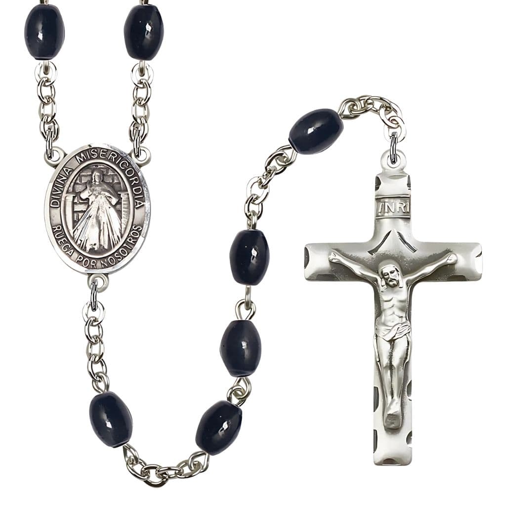 Bliss Spanish Jesus Divine Mercy 8x6mm Black Onyx Catholic Rosary with Pewter Centerpiece and Crucifix