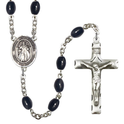 Spanish Jesus Divine Mercy 8x6mm Black Onyx Catholic Rosary with Pewter Centerpiece and Crucifix, Bliss Manufacturing