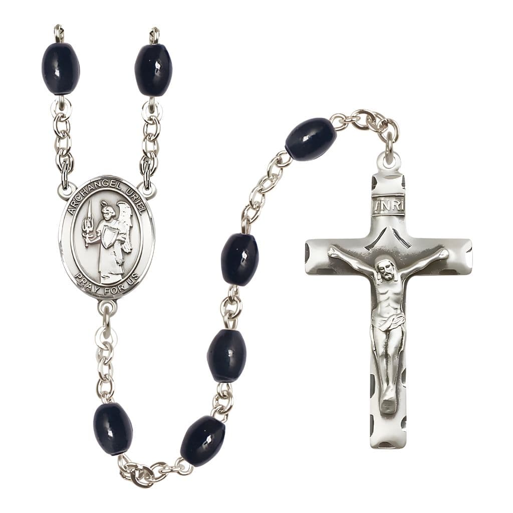 St. Uriel the Archangel 8x6mm Black Onyx Silver-plated Catholic Rosary with Pewter Centerpiece and Crucifix