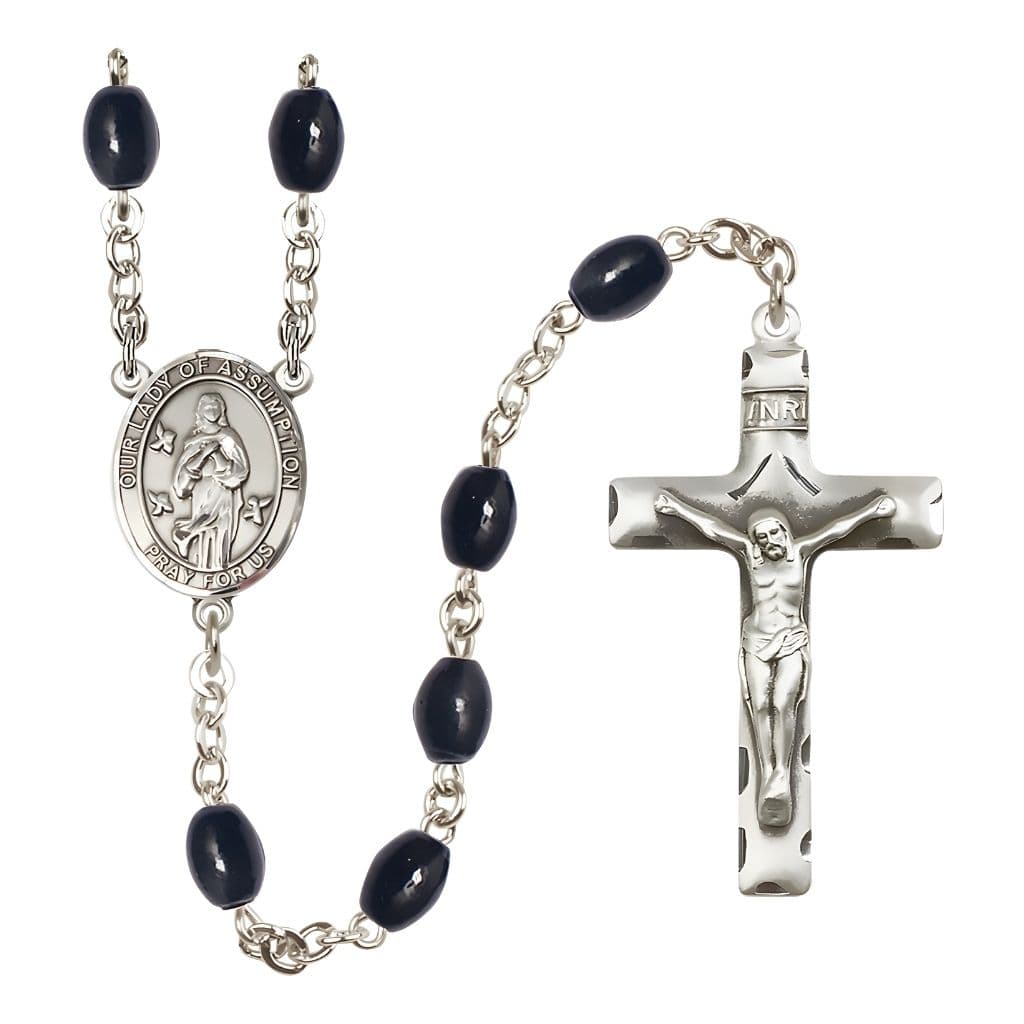 Our Lady of Assumption 8x6mm Black Onyx Bead Silver-plated Rosary with Pewter Centerpiece and Crucifix