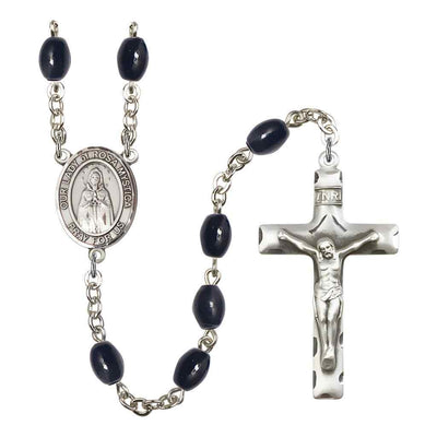 Our Lady of Rosa Mystica 8x6mm Black Onyx Bead Rosary with Pewter Centerpiece and Crucifix, Gift Box.