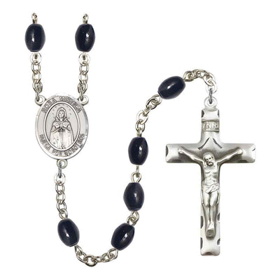 Spanish Rosa Mystica 8x6mm Black Onyx Bead Rosary with Pewter Centerpiece and Crucifix, Gift Box.