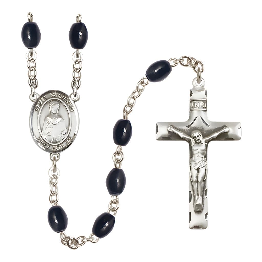 Bliss St. Winifred of Wales 8x6mm Black Onyx Bead Silver-plated Rosary with Pewter Centerpiece and Crucifix