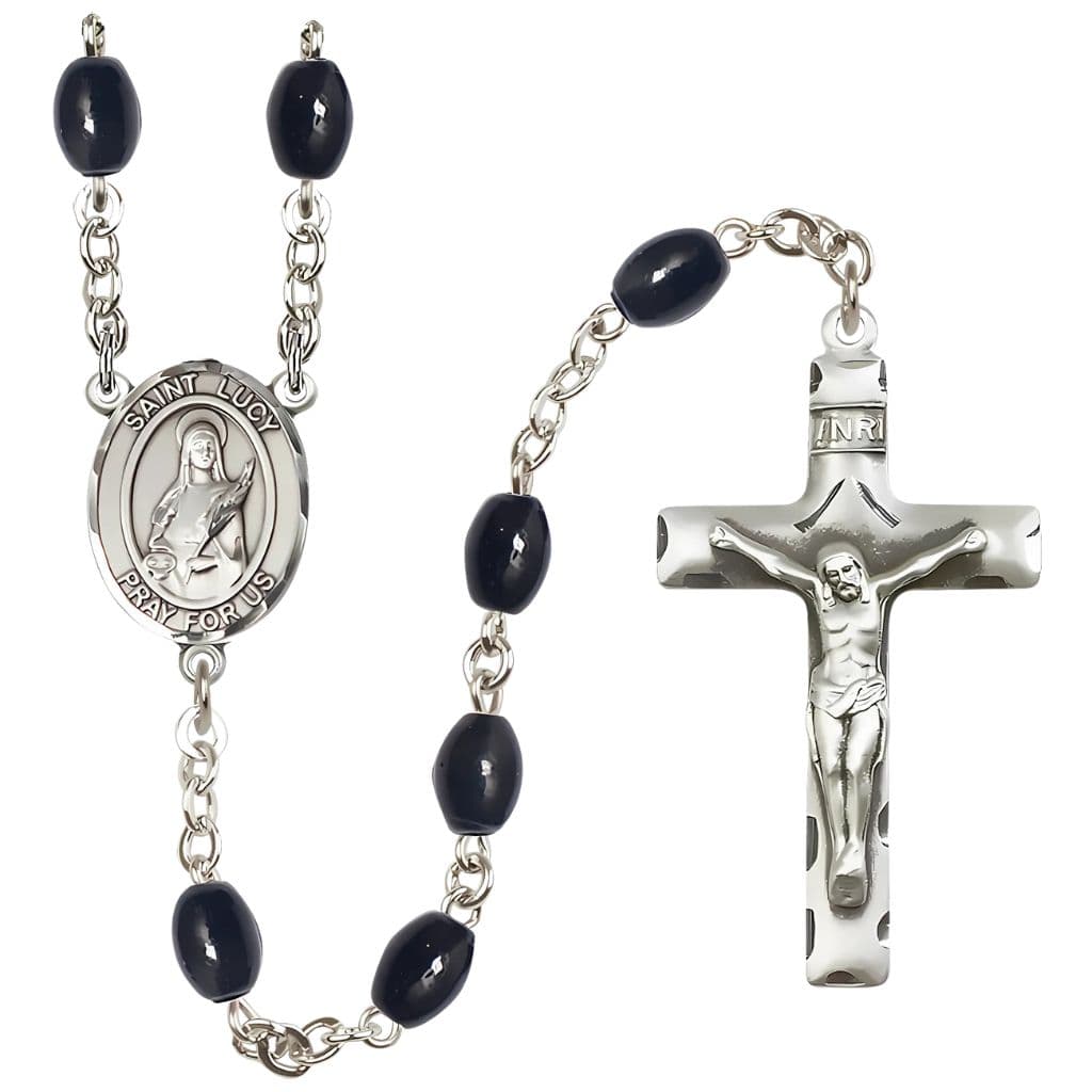 Bliss St. Lucy 8x6mm Black Onyx Catholic Rosary with Pewter Centerpiece and Crucifix