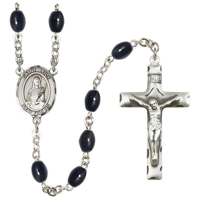 St. Lucy 8x6mm Black Onyx Catholic Rosary with Pewter Centerpiece and Crucifix, Bliss Manufacturing