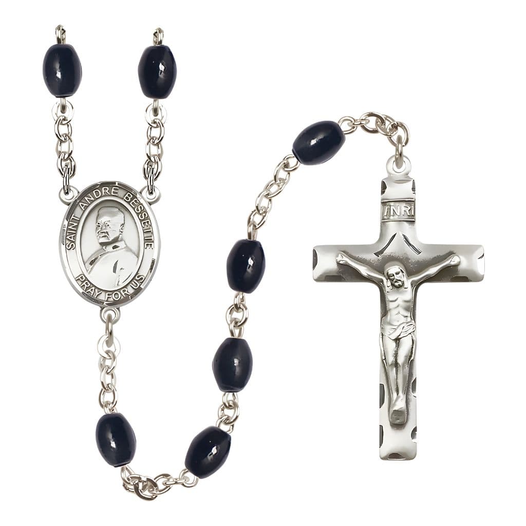 Bliss St. Andre Bessette 8x6mm Black Onyx Catholic Rosary with Pewter Centerpiece and Crucifix