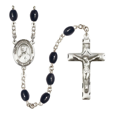 St. Andre Bessette 8x6mm Black Onyx Catholic Rosary with Pewter Centerpiece and Crucifix, Bliss Manufacturing