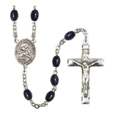 Our Lady of the Precious Blood 8x6mm Black Onyx Bead Rosary with Pewter Centerpiece and Crucifix, Gift Box.