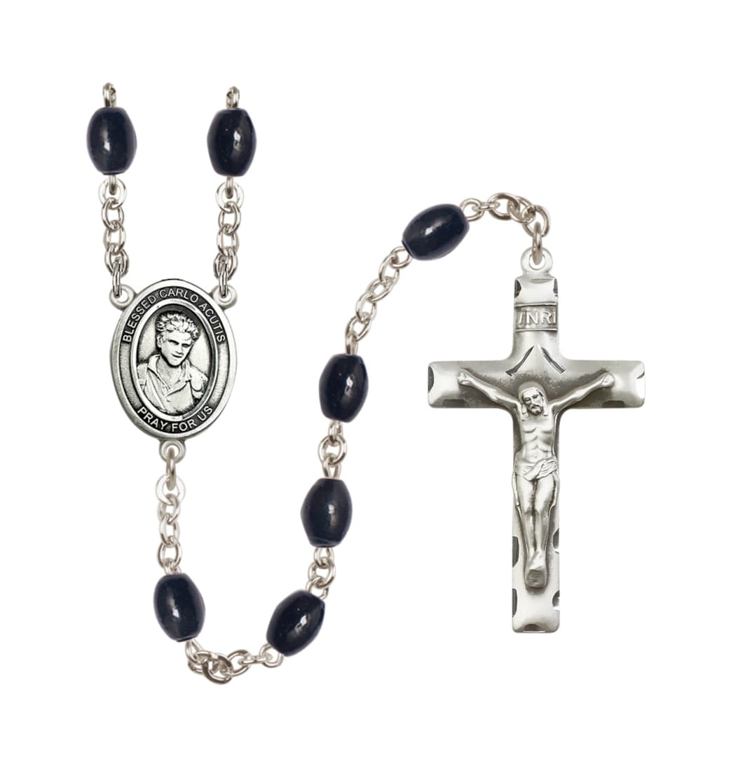 Bliss Blessed Carlo Acutis 8x6mm Black Bead Silver-Plated Rosary,