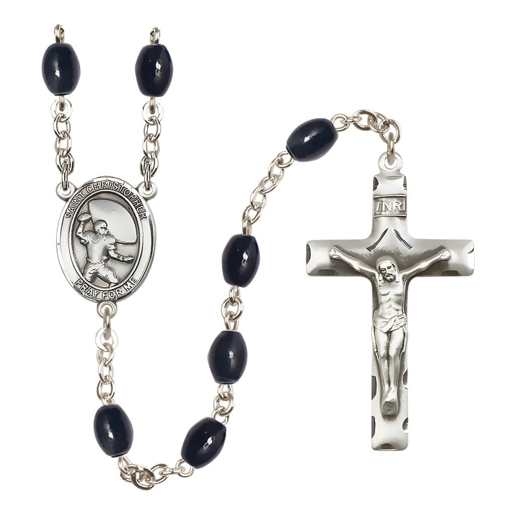 Bliss St. Christopher Football 8x6mm Black Onyx Catholic Rosary with Pewter Centerpiece and Crucifix