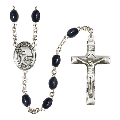 Guardian Angel Football 8x6mm Black Onyx Catholic Rosary with Pewter Centerpiece and Crucifix, Bliss Manufacturing