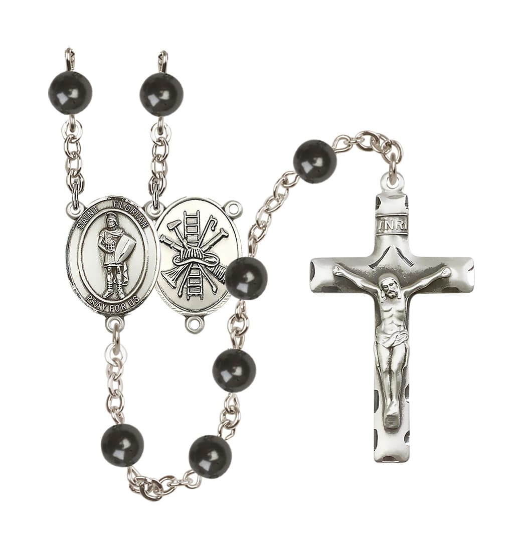 Bliss St Florian Firefighter 7mm Black Onyx Bead Silver-Plated Rosary,