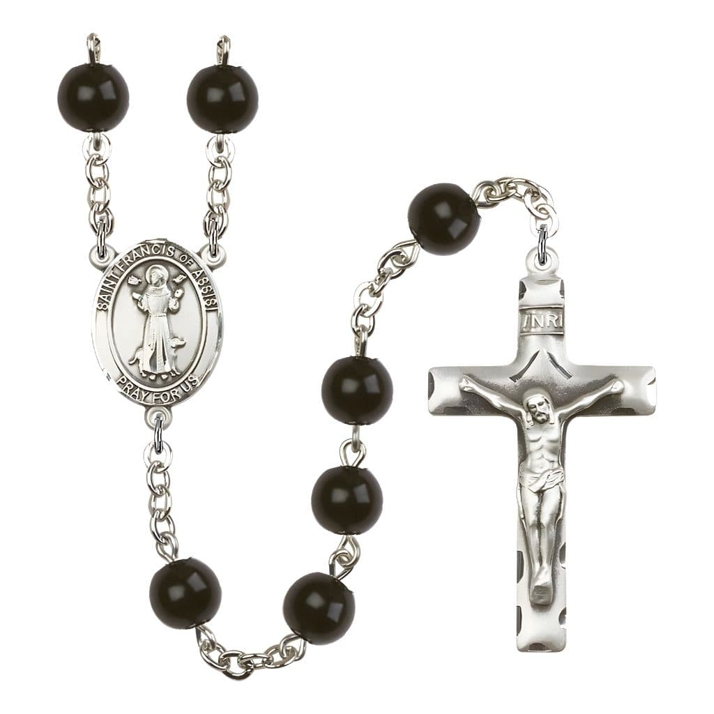Bliss St. Francis of Assisi 7mm Black Onyx Bead Silver-plated Rosary with Pewter Centerpiece and Crucifix, USA Made