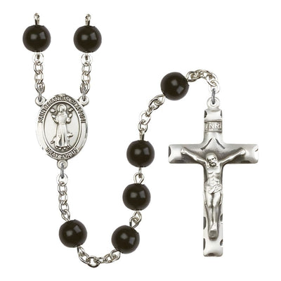 St. Francis of Assisi 7mm Black Onyx Bead Silver-plated Rosary with Pewter Centerpiece and Crucifix, USA Made, Bliss Manufacturing