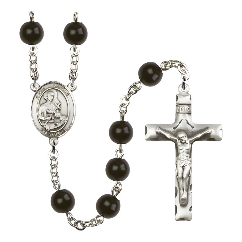 Bliss St. Gerard Majella 7mm Black Onyx Bead Catholic Rosary with Pewter Centerpiece and Crucifix