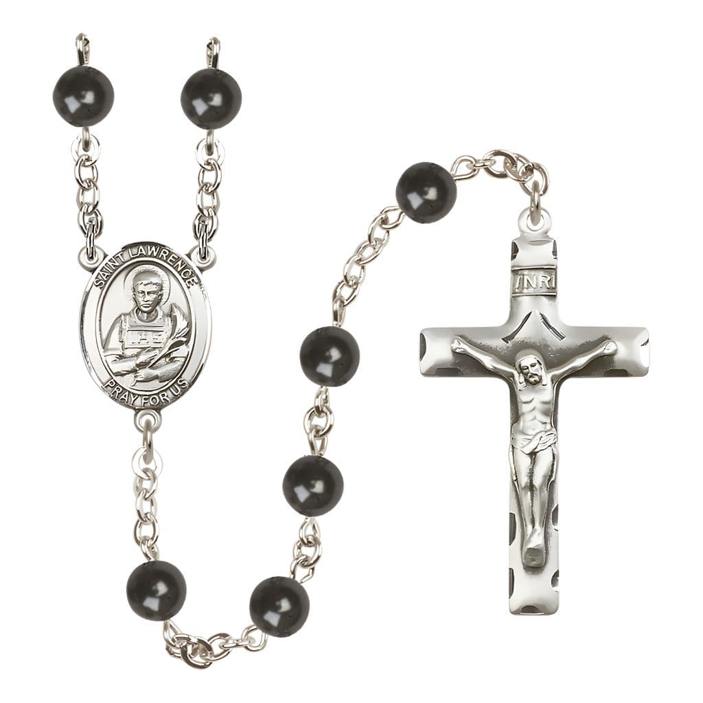 Bliss St. Lawrence 7mm Black Onyx Bead Silver-plated Rosary with Pewter Crucifix and Centerpiece