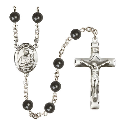 St. Lawrence 7mm Black Onyx Bead Silver-plated Rosary with Pewter Crucifix and Centerpiece, Bliss Manufacturing