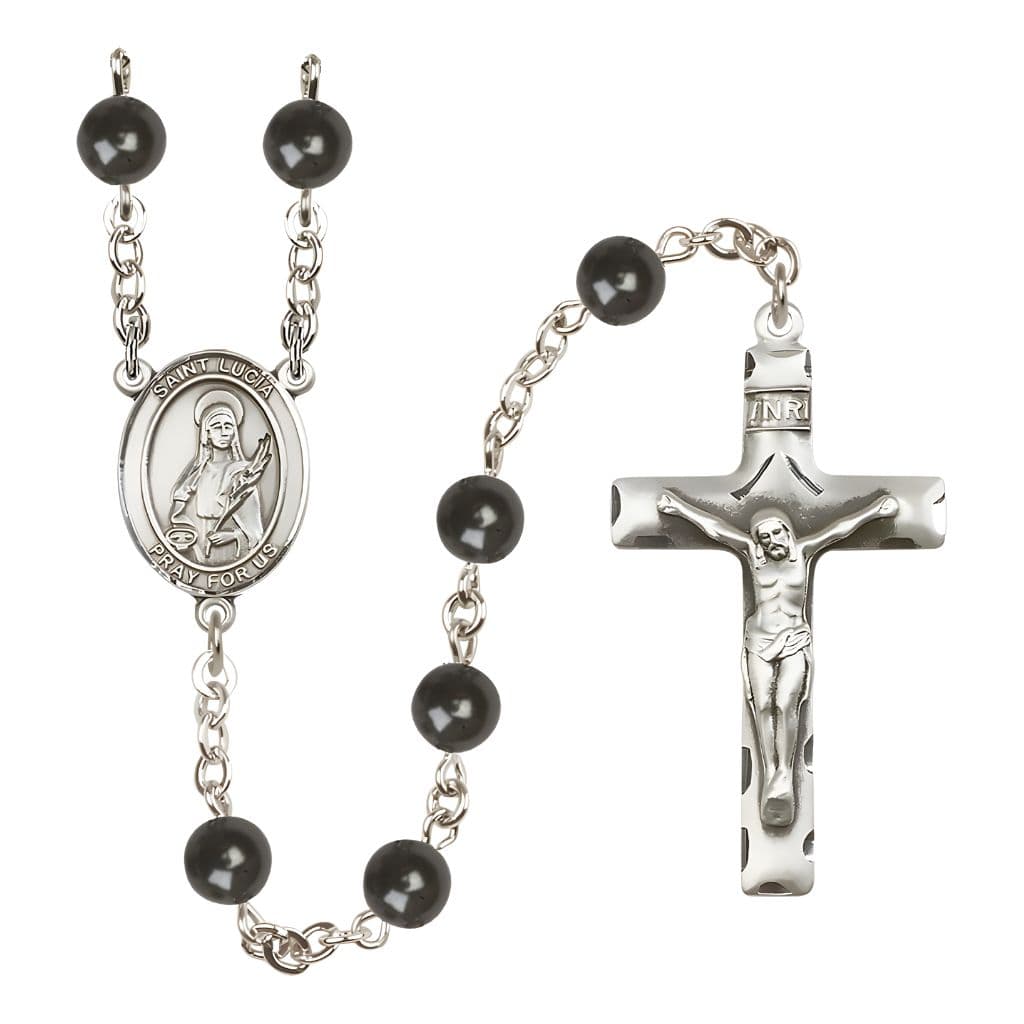 Bliss St. Lucia of Syracuse 7mm Black Onyx Bead Catholic Rosary with Pewter Centerpiece and Crucifix