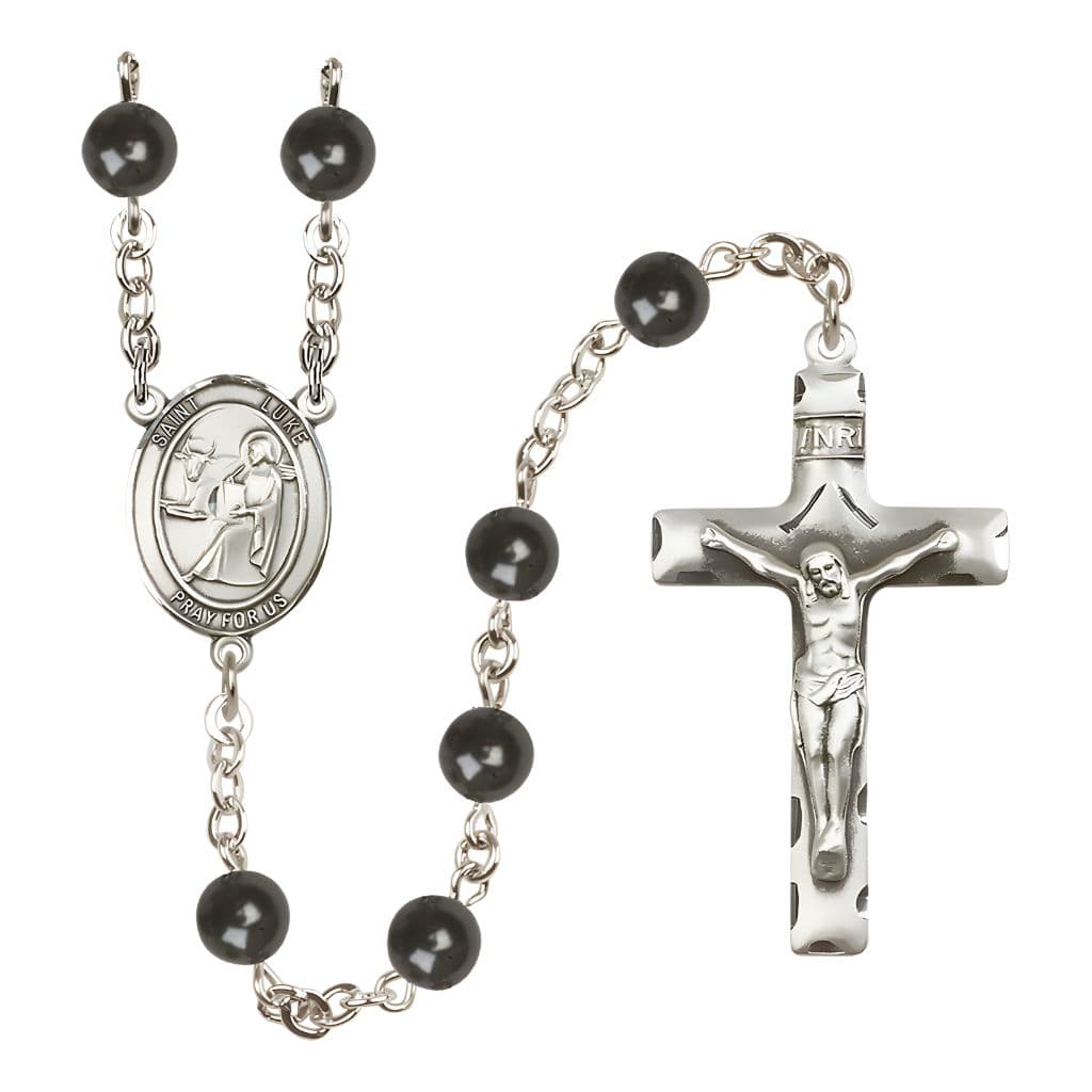 Bliss St. Luke the Apostle 7mm Black Onyx Bead Catholic Rosary with Pewter Centerpiece and Crucifix