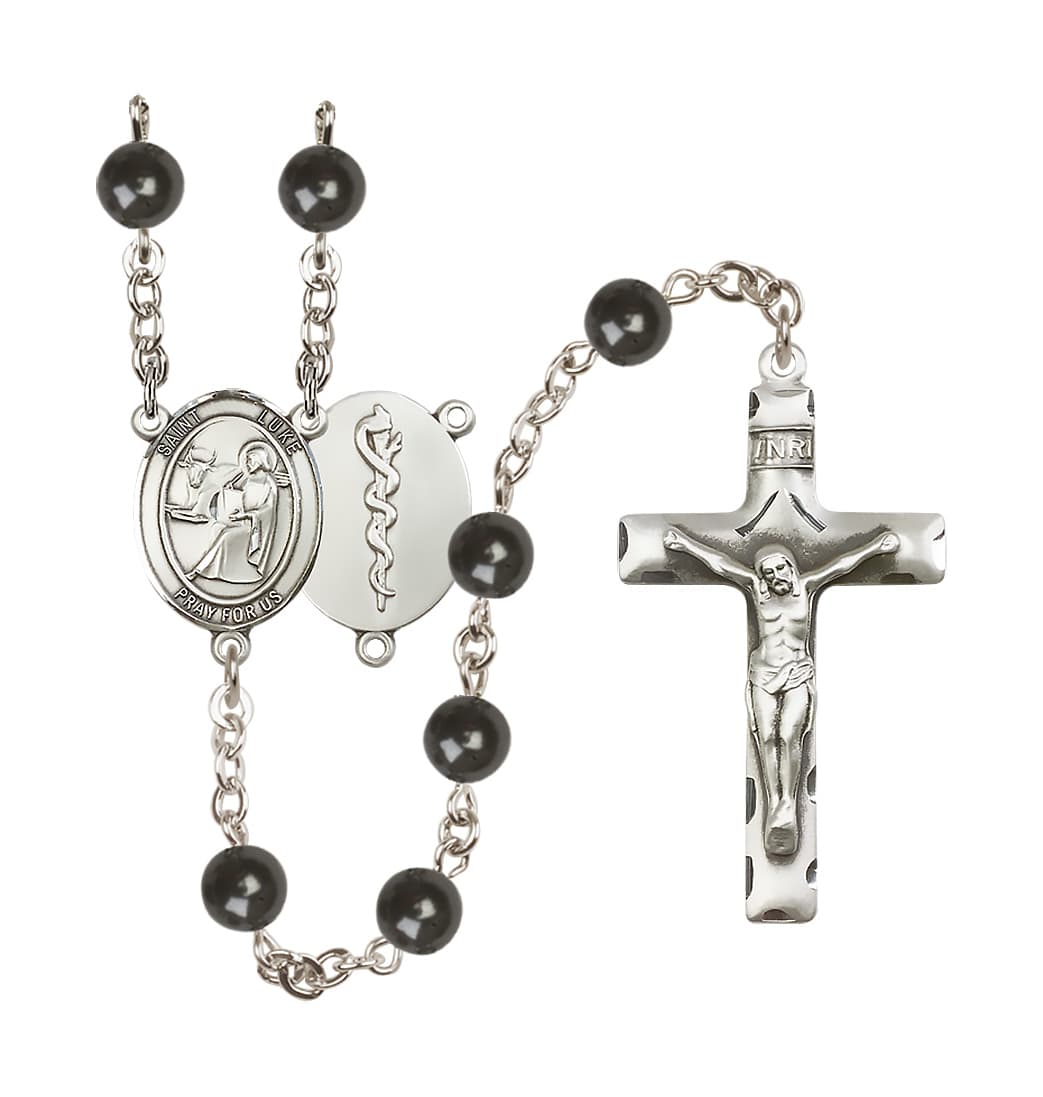 Bliss St Luke Doctor 7mm Black Onyx Bead Silver-Plated Rosary,