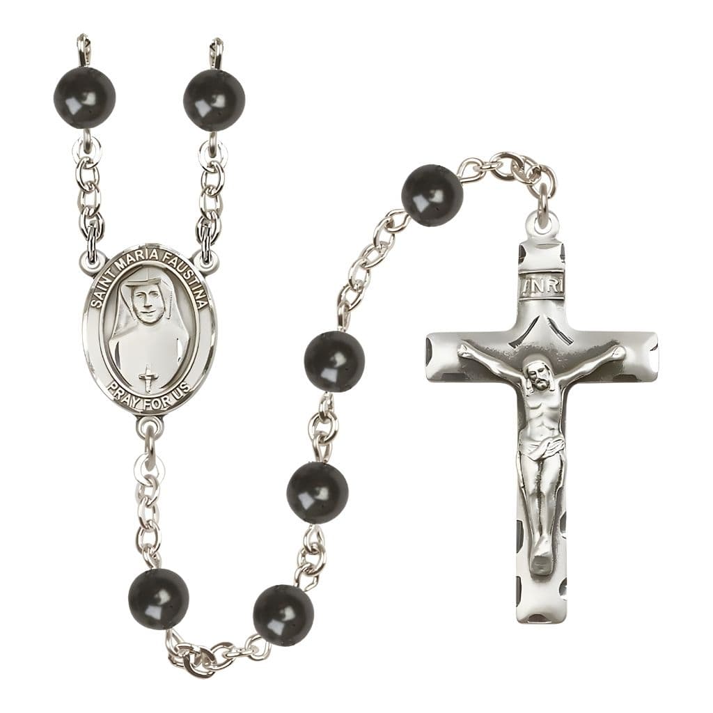 Bliss St. Maria Faustina 7mm Black Onyx Bead Silver-plated Rosary with Pewter Centerpiece and Crucifix,