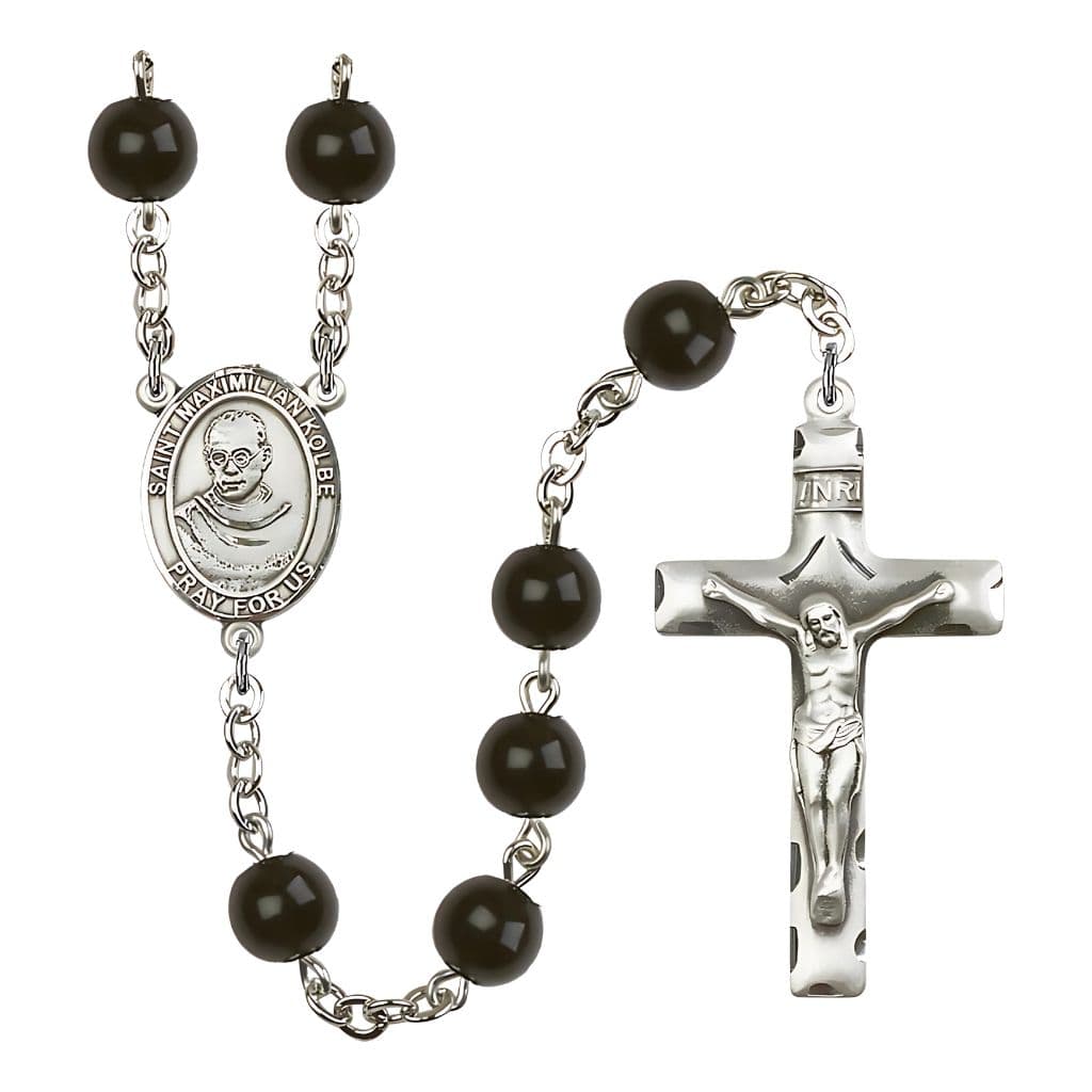 St. Maximilian Kolbe 7mm Black Onyx Bead Rosary with Pewter Center and Crucifix made by Bliss,