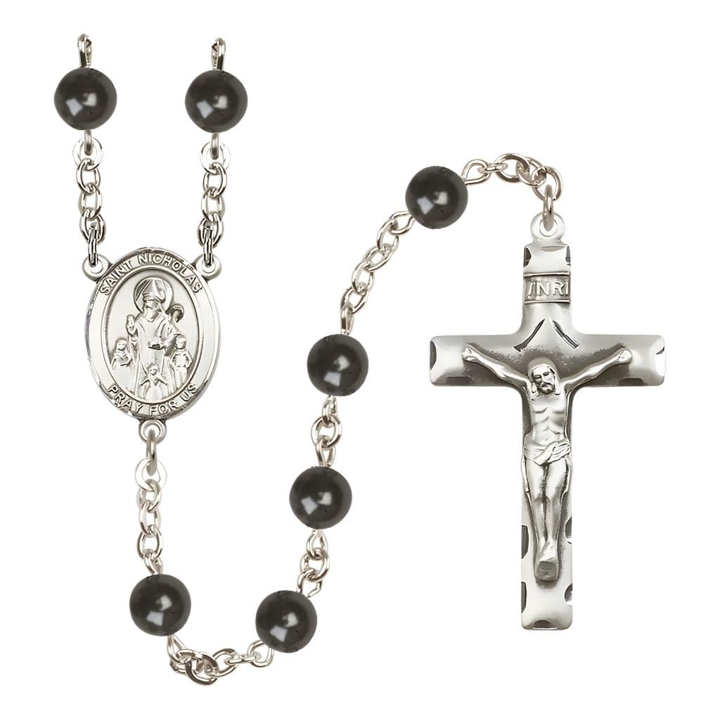 Bliss Catholic St. Nicholas 7mm Black Onyx Bead Silver-Plated Rosary with Pewter Centerpiece and Crucifix