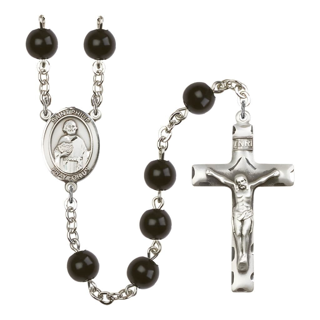 Bliss St. Philip the Apostle 8x5mm Black Onyx Bead Rosary with Pewter Centerpiece and Crucifix, Gift Box.