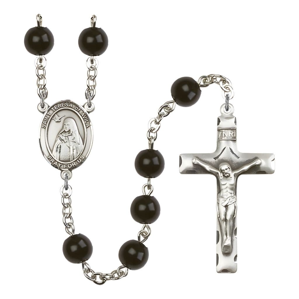 Bliss St. Teresa of Avila Rosary with 7mm Black Onyx beads and pewter centerpiece and crucifix