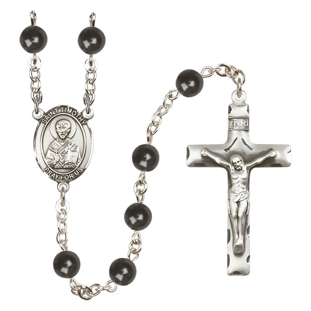Bliss St. Timothy 7mm Black Onyx Bead Catholic Rosary with Pewter Centerpiece and Crucifix