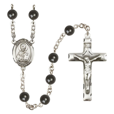 St. Timothy 7mm Black Onyx Bead Catholic Rosary with Pewter Centerpiece and Crucifix, Bliss Manufacturing