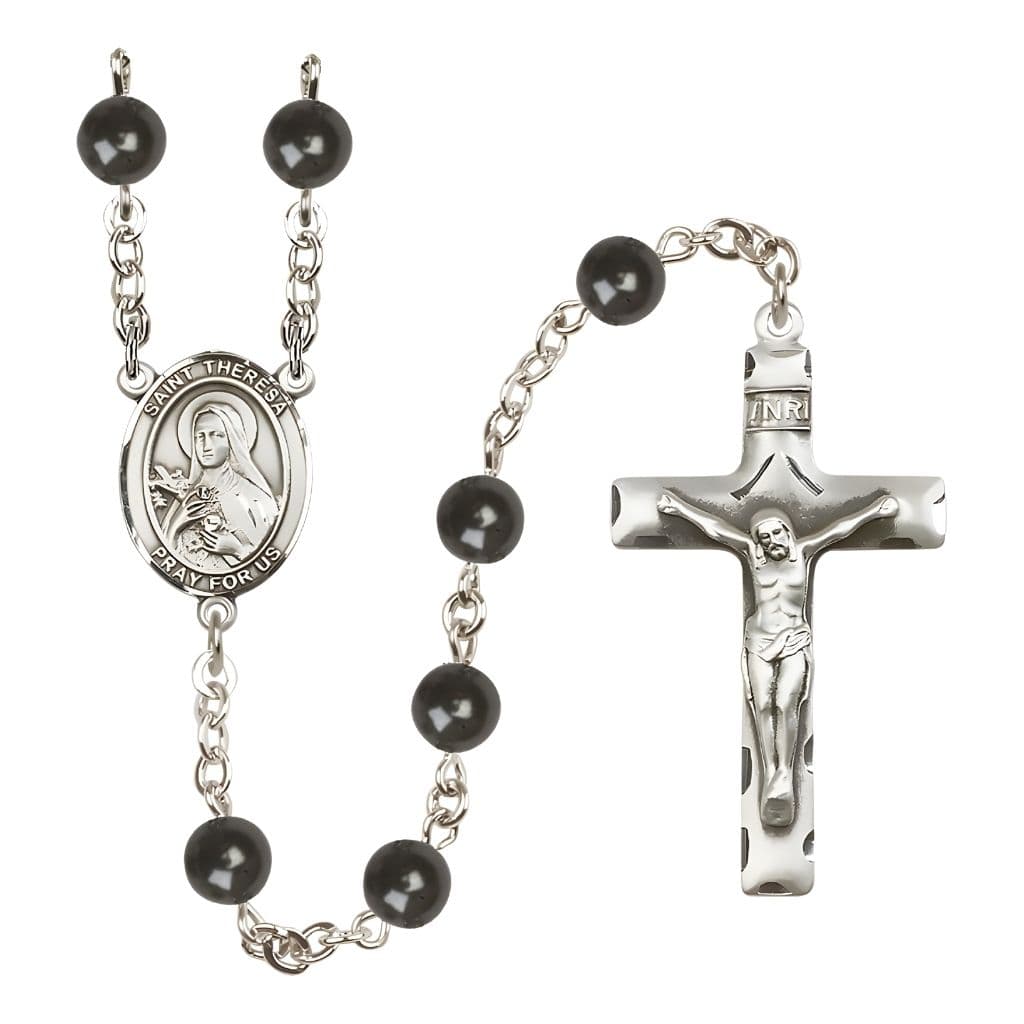 Bliss St. Theresa 7mm Black Onyx Bead Silver-plated Rosary with Pewter Centerpiece and Crucifix