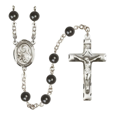 St. Theresa 7mm Black Onyx Bead Silver-plated Rosary with Pewter Centerpiece and Crucifix, Bliss Manufacturing