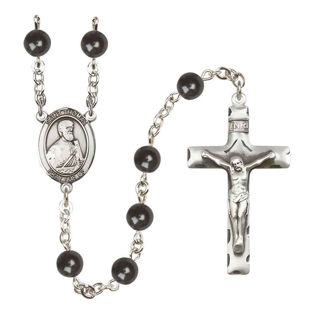 St. Thomas the Apostle 7mm Black Onyx Bead Rosary with Pewter Centerpiece and Crucifix, Gift Box.