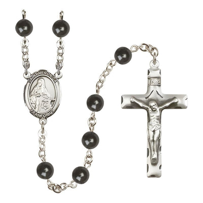 St. Veronica 7mm Black Onyx Bead Catholic Rosary with Pewter Centerpiece and Crucifix, Bliss Manufacturing