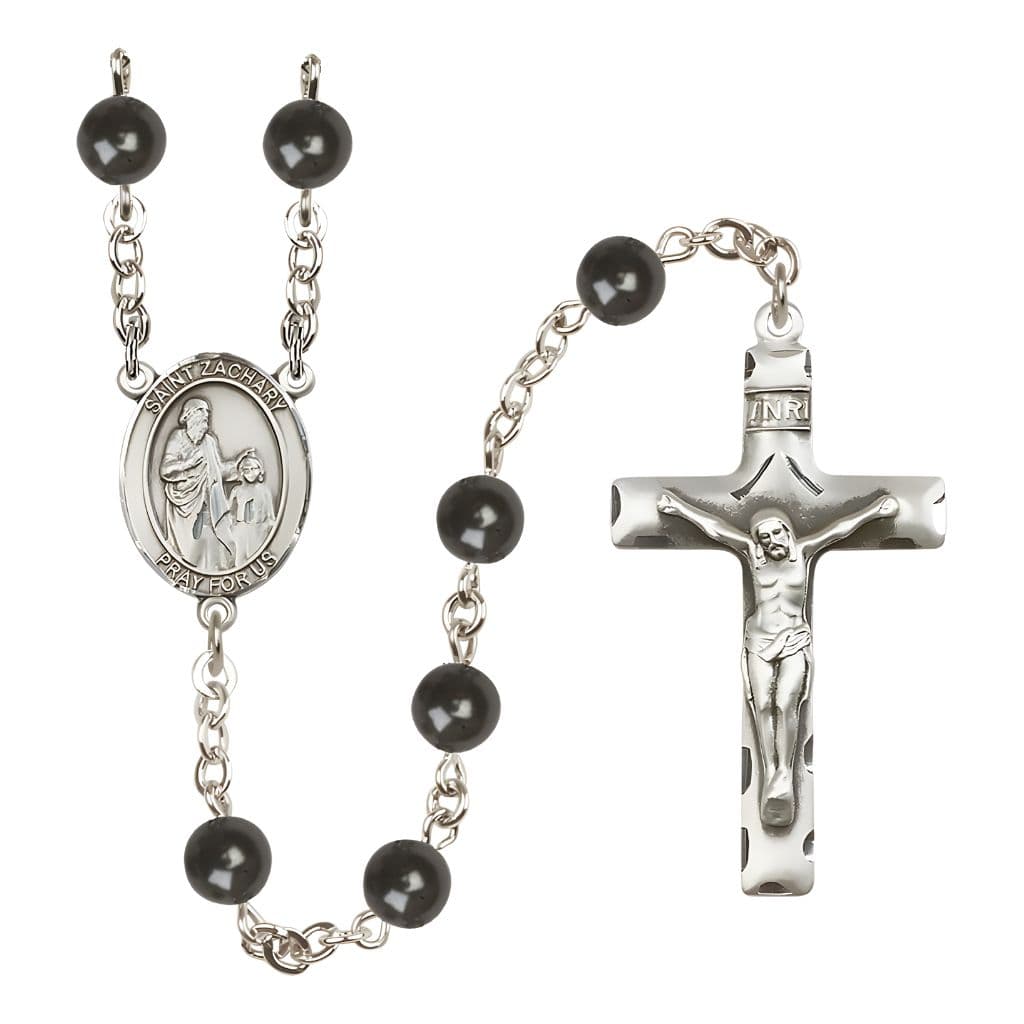 St. Zachary 7mm Black Onyx Bead Silver-plated Rosary with Pewter Centerpiece and Crucifix
