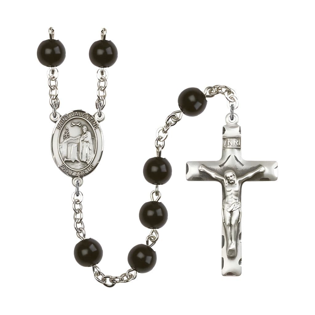 Bliss St. Valentine of Rome 7mm Black Onyx Bead Silver-plated Rosary with Pewter Centerpiece and Crucifix