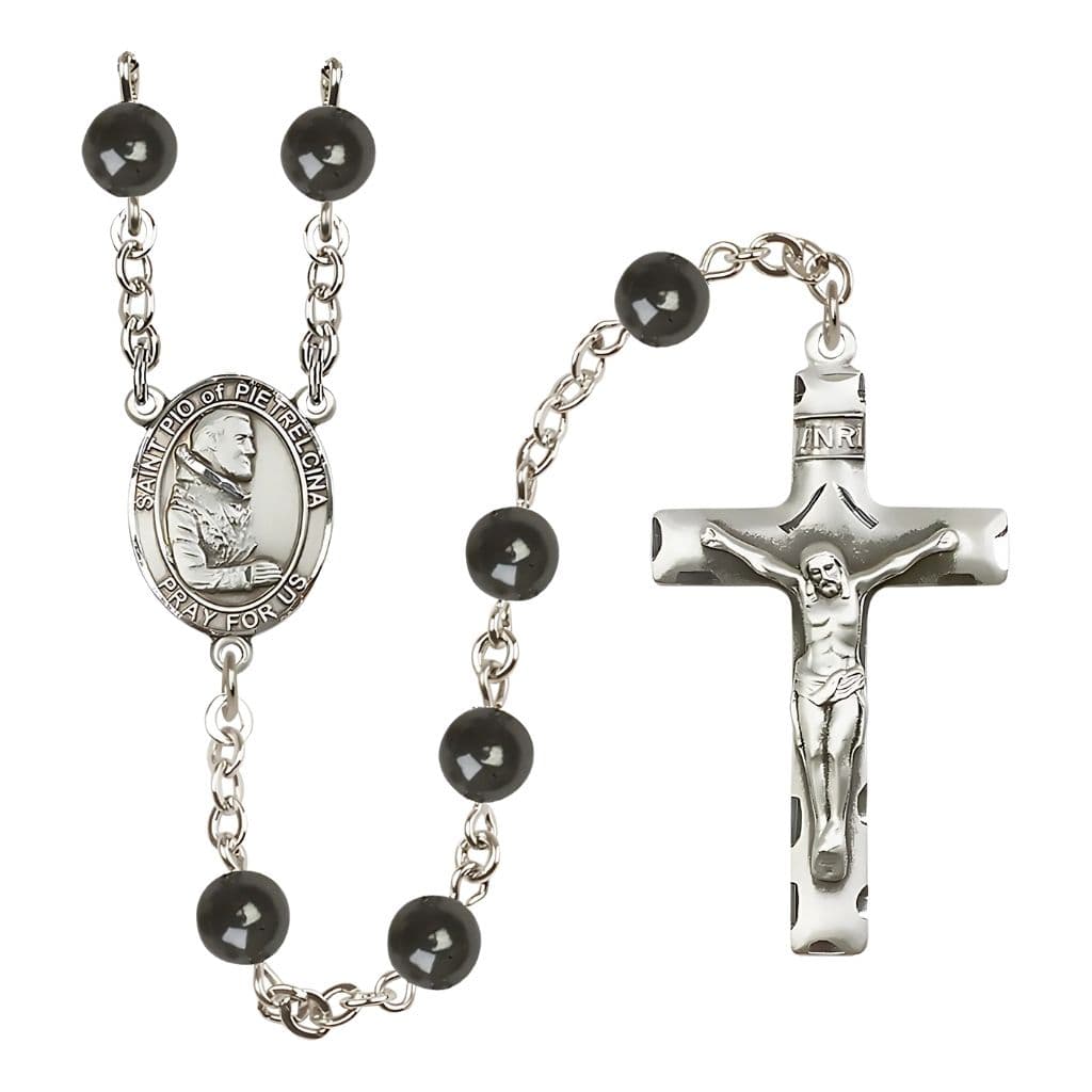 bliss St. Padre Pio of Pietrelcina 7mm Black Onyx Bead Rosary with Pewter Center and Crucifix